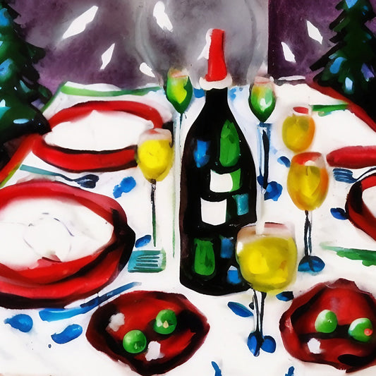 A natural wine bottle on a festive dinner table